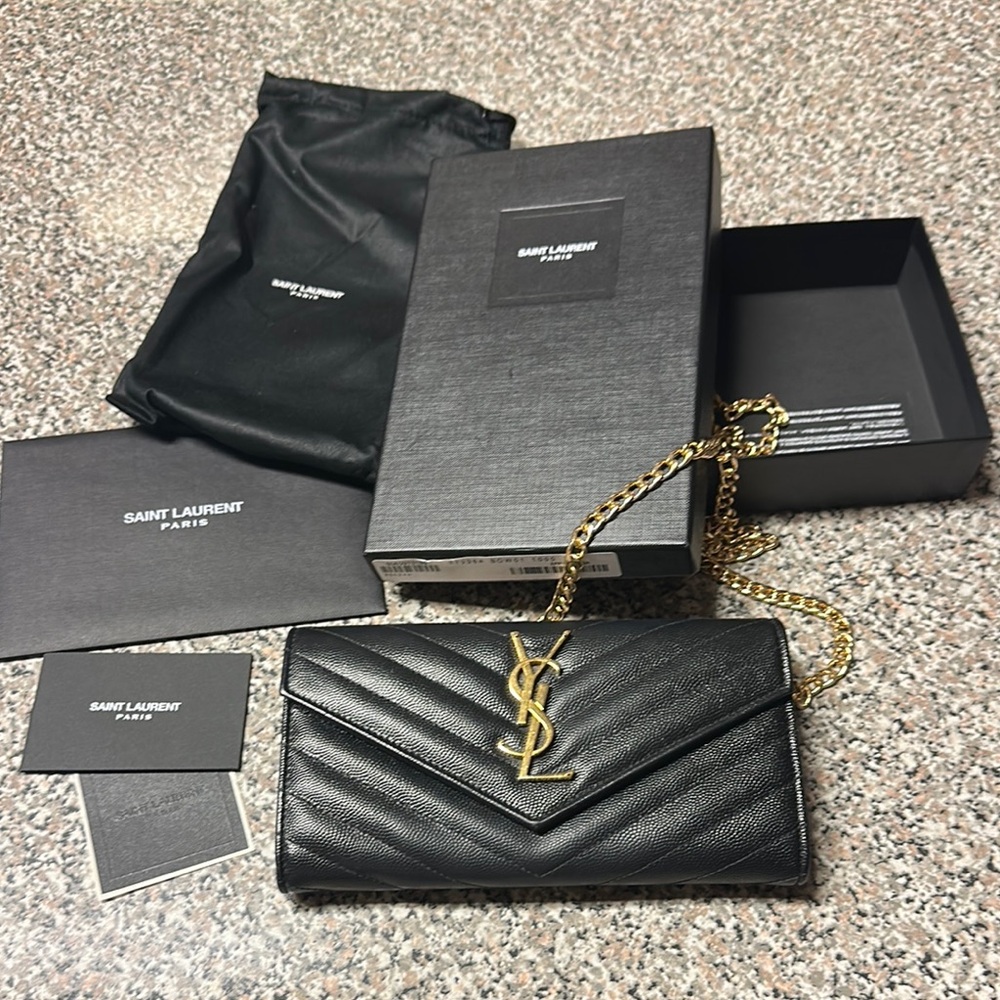 Saint Laurent Black Quilted Leather Clutch with Gold Chain
